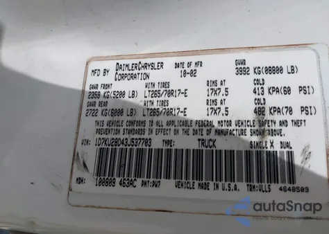 2003 Dodge Ram 2500 Slt/Laramie/St z USA, uszkodzony, nr VIN 1D7KU28D43J537703